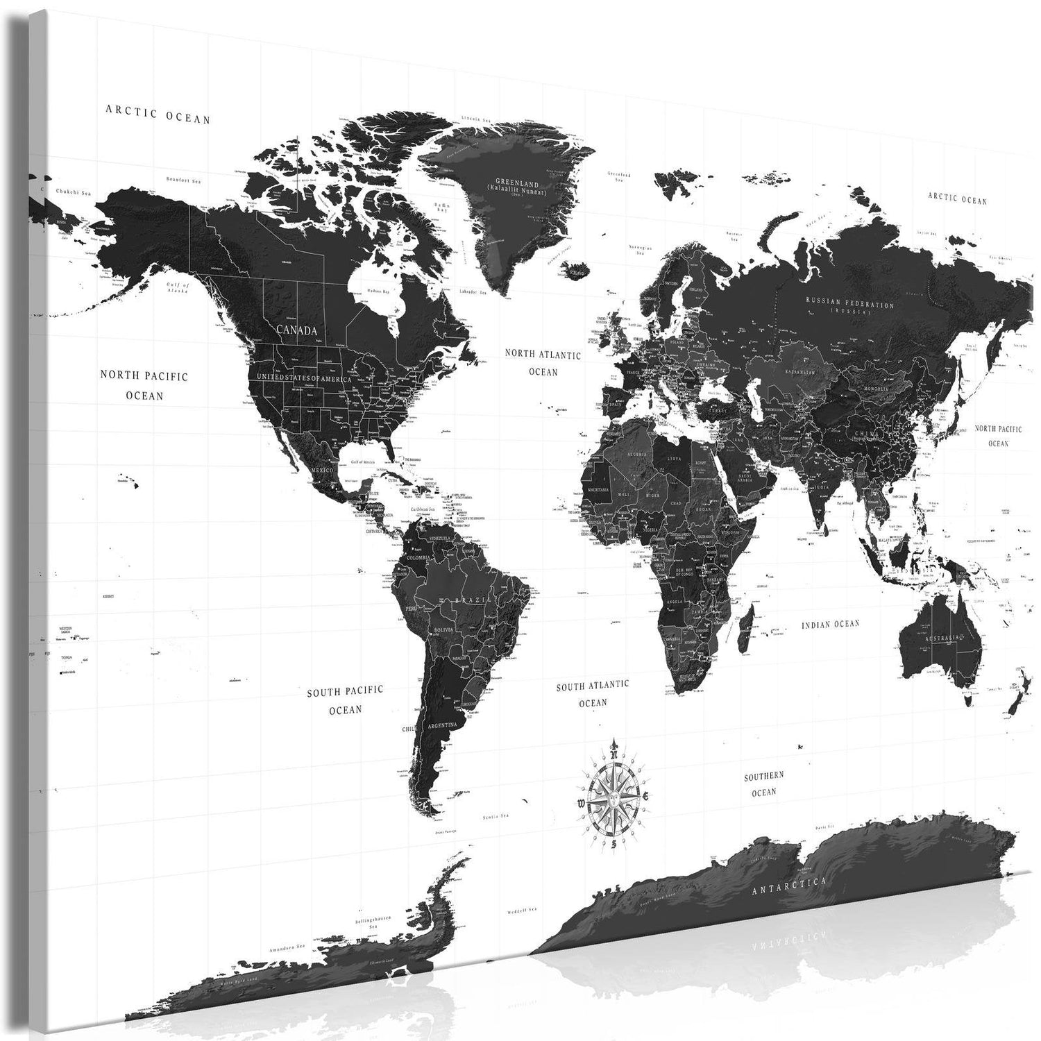 Stretched Canvas World Map Art - Black And White Map Wide-Tiptophomedecor