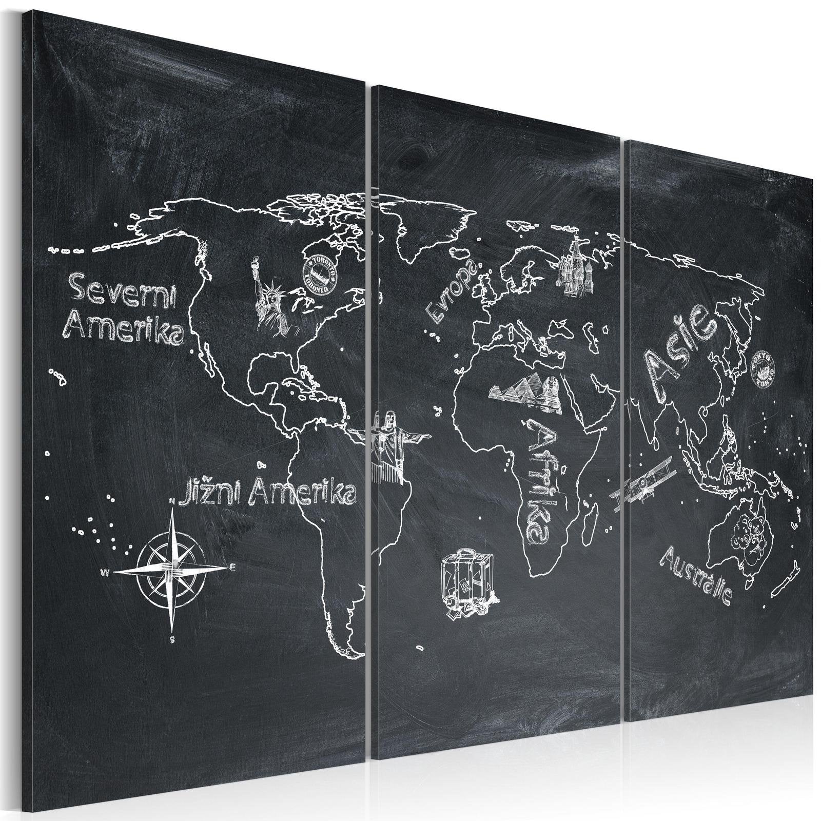 Stretched Canvas World Map Art - Geography Lesson (Czech Language) - Triptych-Tiptophomedecor