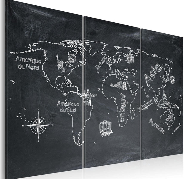 Stretched Canvas World Map Art - Geography Lesson (French Language) - Triptych-Tiptophomedecor