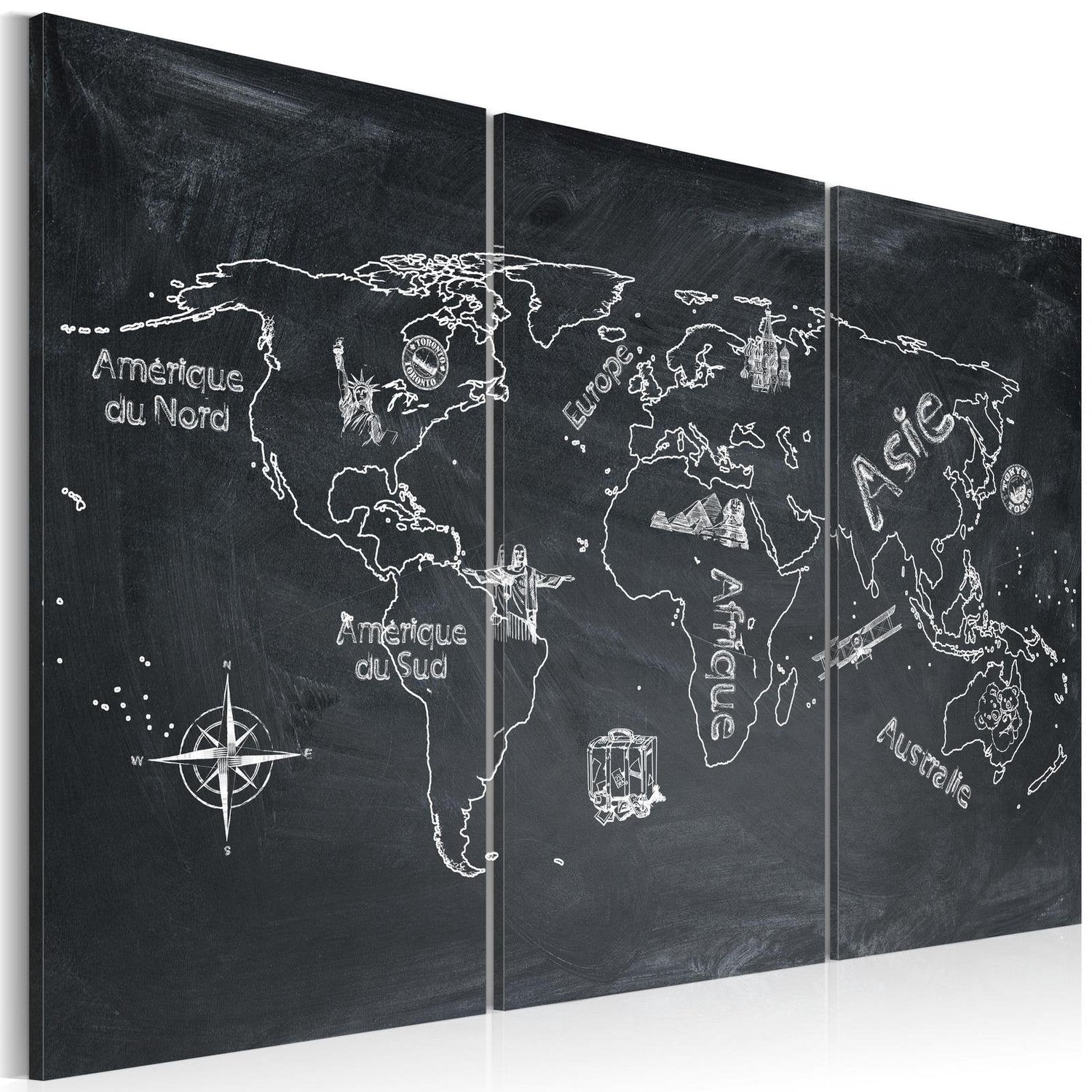 Stretched Canvas World Map Art - Geography Lesson (French Language) - Triptych-Tiptophomedecor