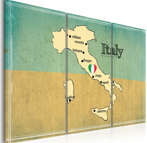 Stretched Canvas World Map Art - Heart Of Italy - Triptych-Tiptophomedecor