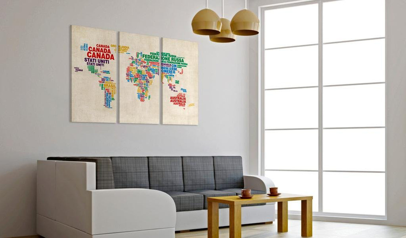 Stretched Canvas World Map Art - Italian Names Of Countries In Vivid Colors 3 Piece-Tiptophomedecor