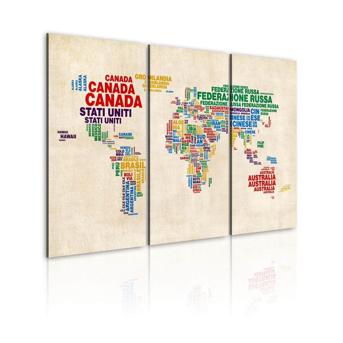 Stretched Canvas World Map Art - Italian Names Of Countries In Vivid Colors - Triptych-Tiptophomedecor
