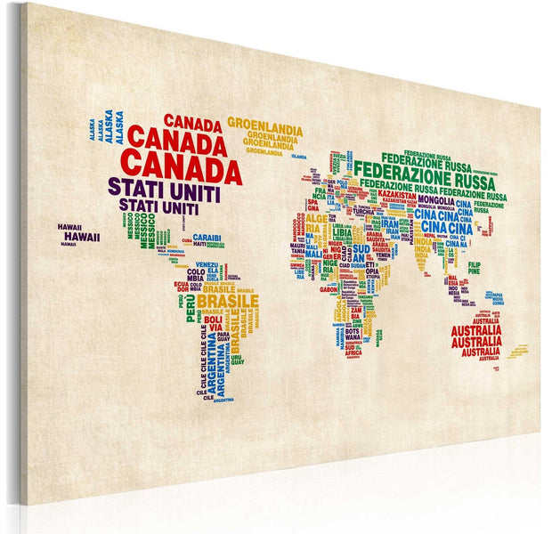 Stretched Canvas World Map Art - Italian Names Of Countries In Vivid Colors-Tiptophomedecor