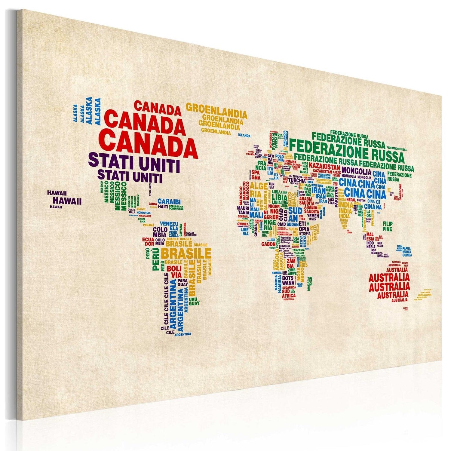 Stretched Canvas World Map Art - Italian Names Of Countries In Vivid Colors-Tiptophomedecor