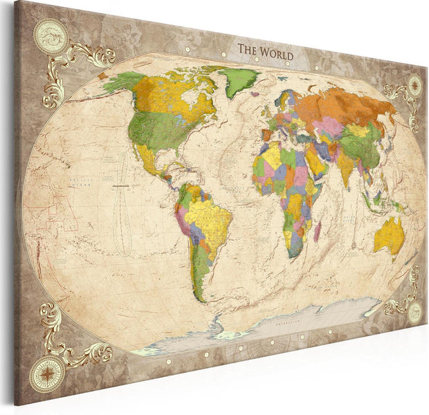 Stretched Canvas World Map Art - Map And Ornaments-Tiptophomedecor