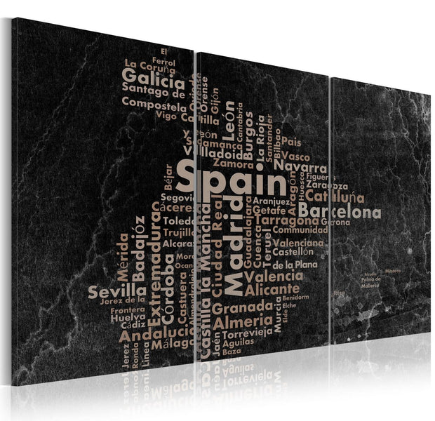 Stretched Canvas World Map Art - Map Of Spain On The Blackboard - Triptich-Tiptophomedecor