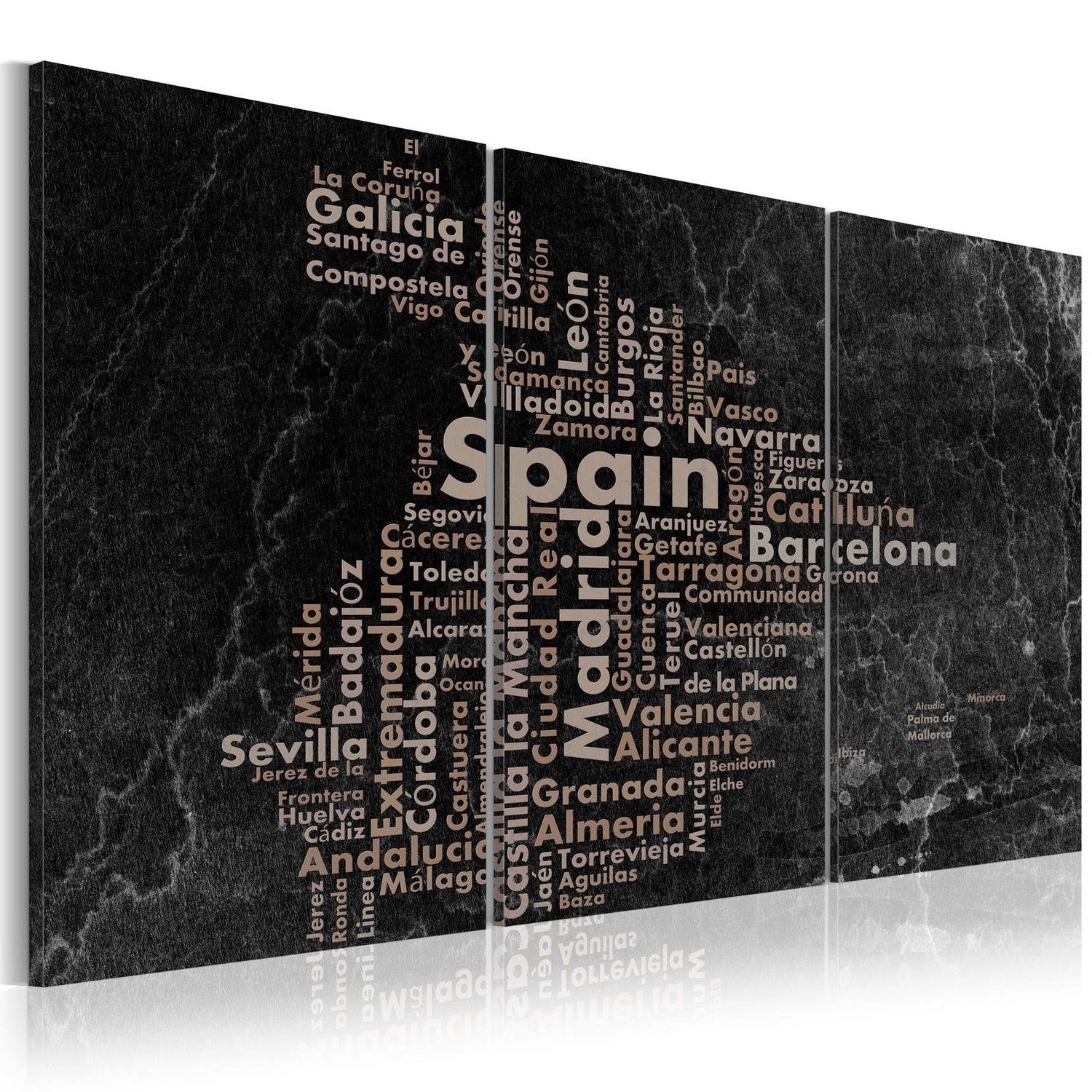 Stretched Canvas World Map Art - Map Of Spain On The Blackboard - Triptich-Tiptophomedecor