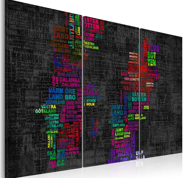Stretched Canvas World Map Art - Map Of Sweden (Colored Names Of Cities) - Triptych-Tiptophomedecor