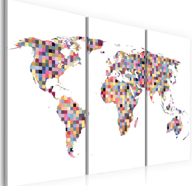 Stretched Canvas World Map Art - Map Of The World - Pixels - Triptych-Tiptophomedecor