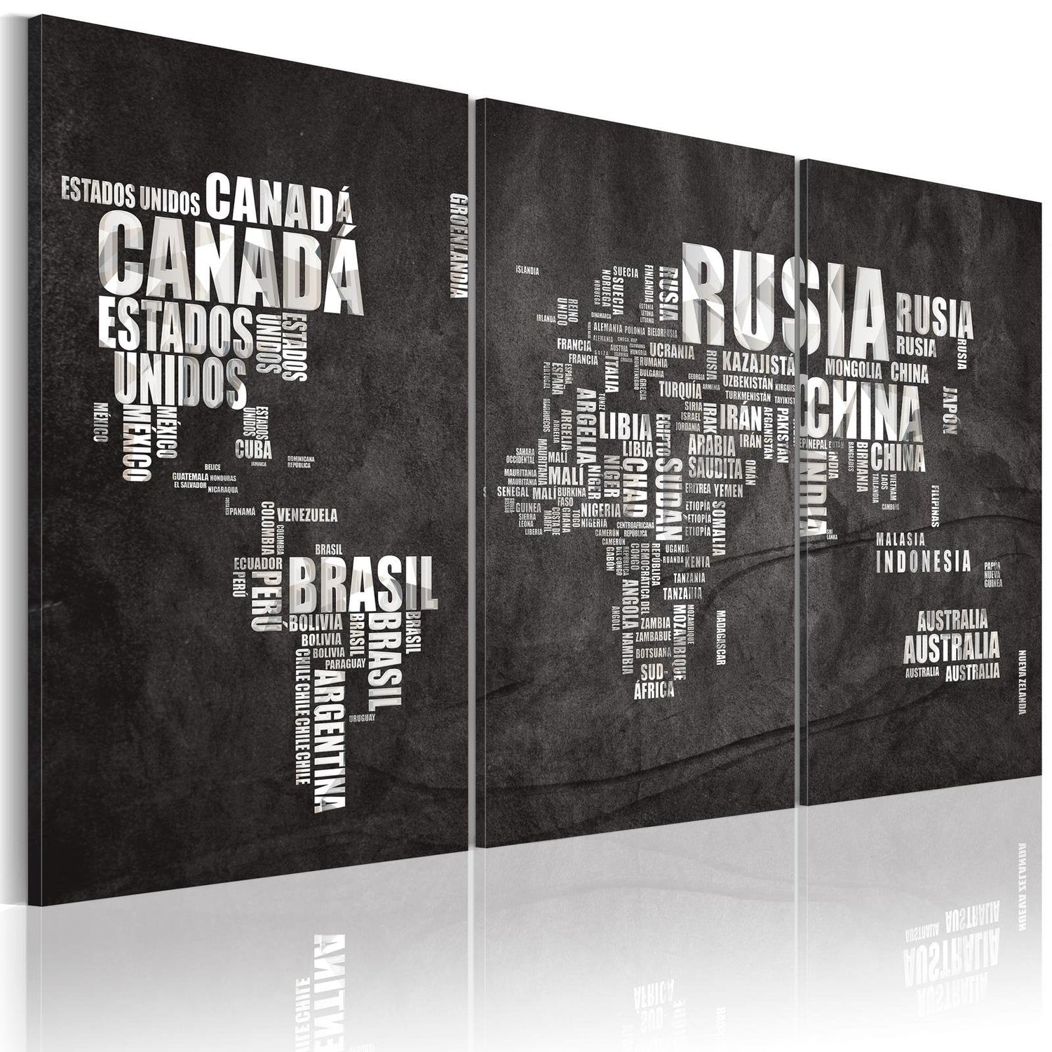 Stretched Canvas World Map Art - Map Of The World (Spanish Language) - Triptych-Tiptophomedecor