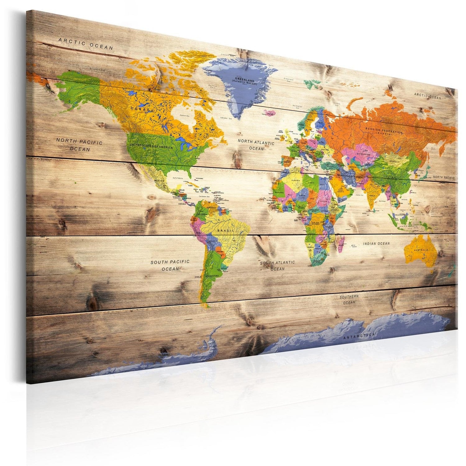 Stretched Canvas World Map Art - Map On Wood: Colourful Travels-Tiptophomedecor