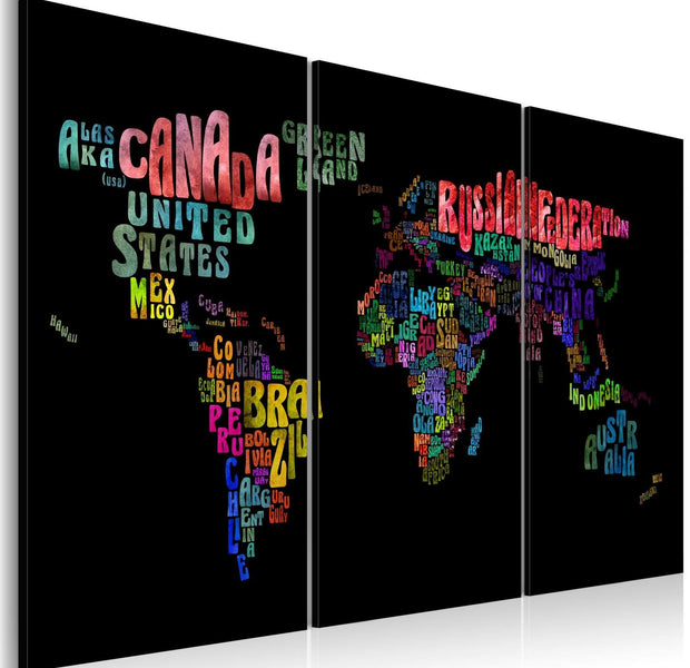 Stretched Canvas World Map Art - Names Of Countries - Triptych-Tiptophomedecor