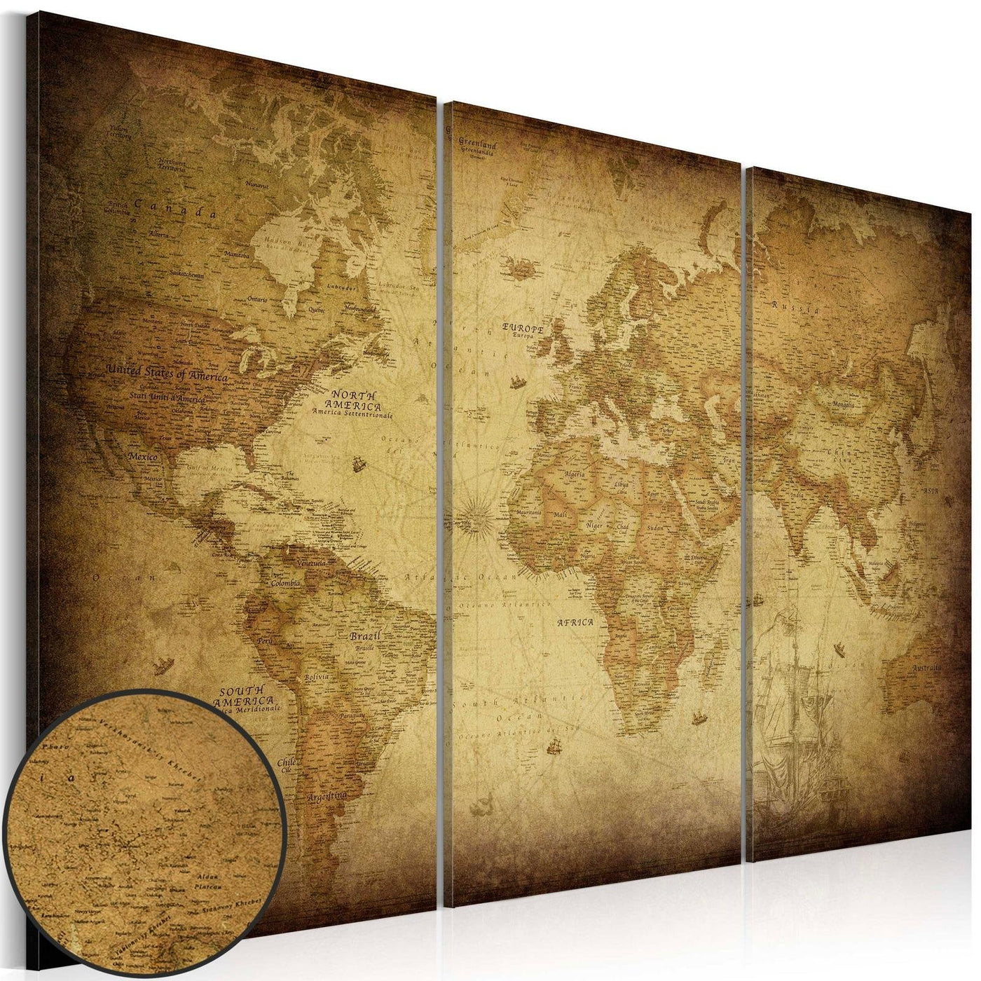 Stretched Canvas World Map Art - Old Map: Triptych-Tiptophomedecor