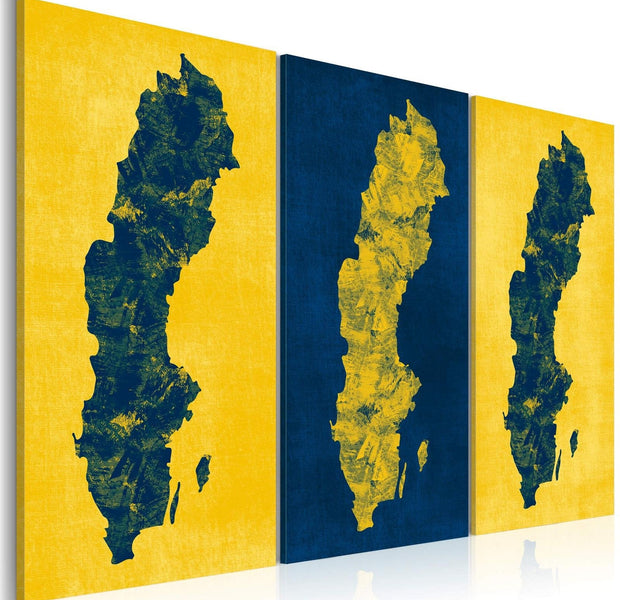 Stretched Canvas World Map Art - Painted Map Of Sweden - Triptych-Tiptophomedecor
