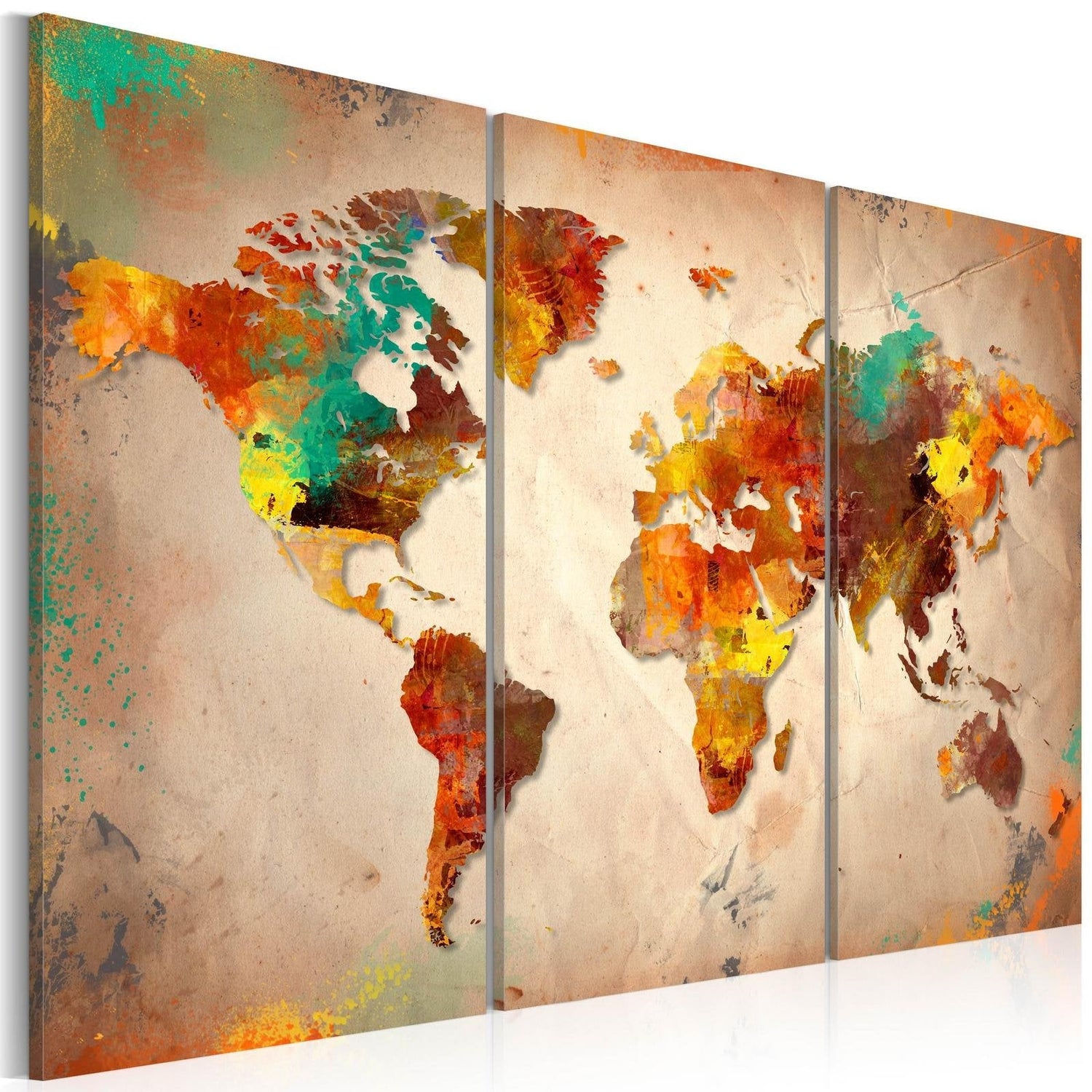 Stretched Canvas World Map Art - Painted World - Triptych-Tiptophomedecor