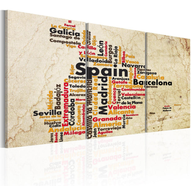 Stretched Canvas World Map Art - Spain: Text Map In Colors Of National Flag-Tiptophomedecor