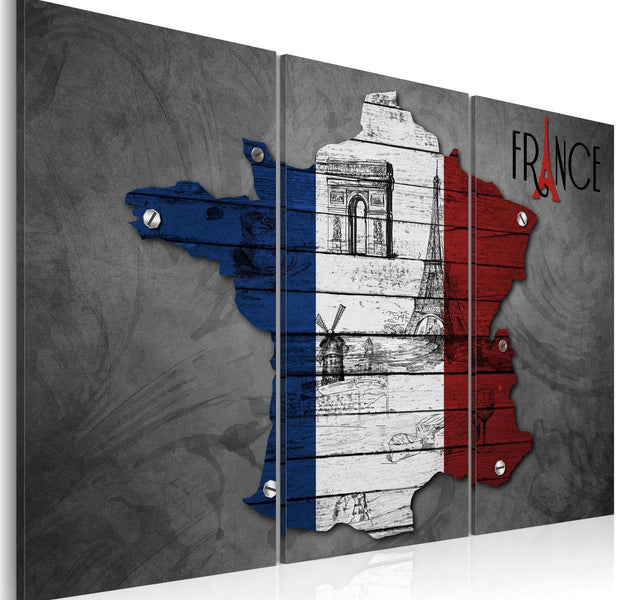 Stretched Canvas World Map Art - Symbols Of France - Triptych-Tiptophomedecor