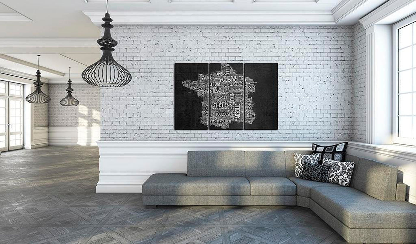 Stretched Canvas World Map Art - Text Map Of France On The Black Background 3 Piece-Tiptophomedecor