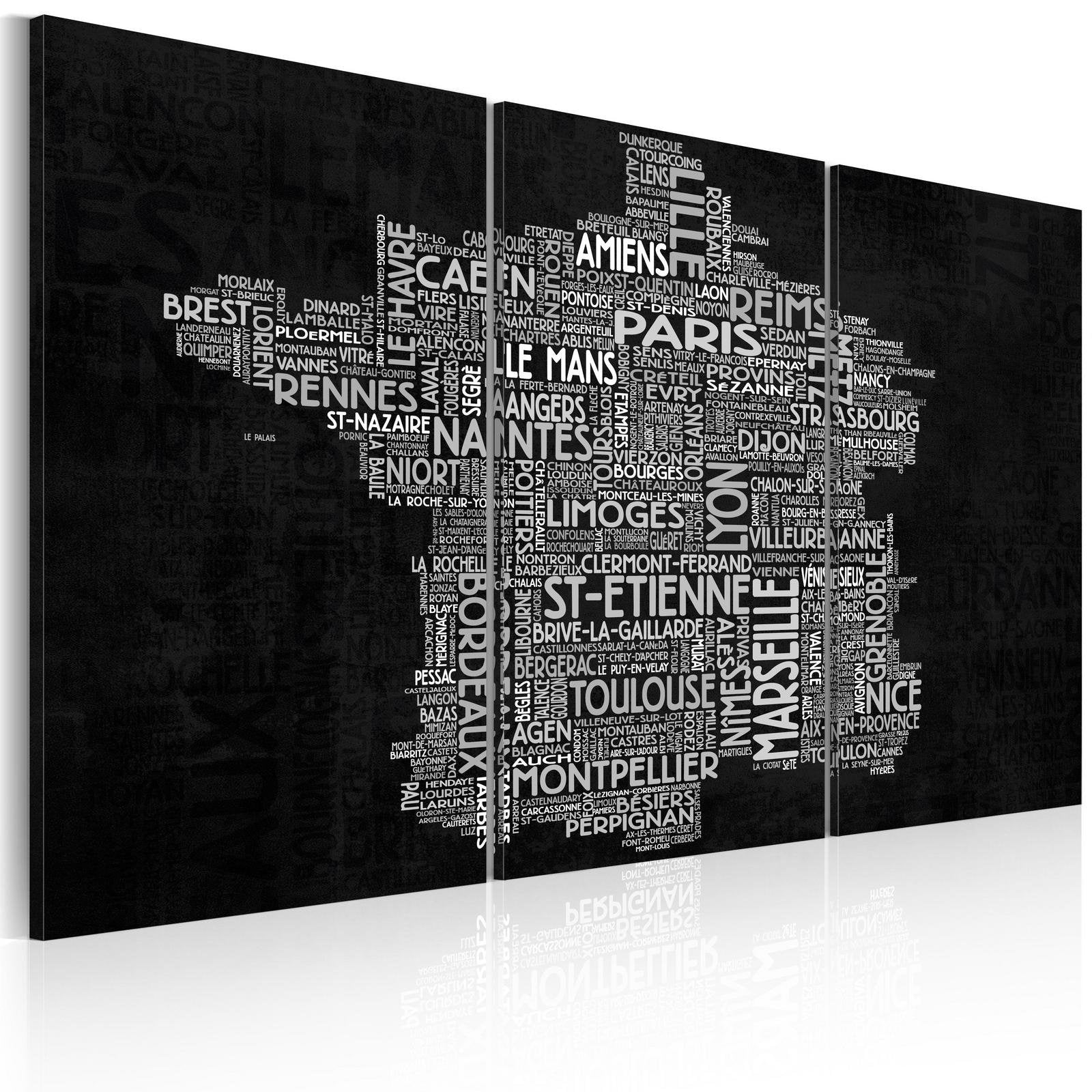 Stretched Canvas World Map Art - Text Map Of France On The Black Background - Triptych-Tiptophomedecor