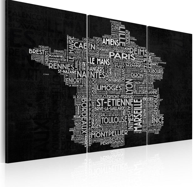 Stretched Canvas World Map Art - Text Map Of France On The Black Background - Triptych-Tiptophomedecor