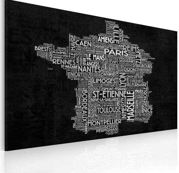Stretched Canvas World Map Art - Text Map Of France On The Black Background-Tiptophomedecor