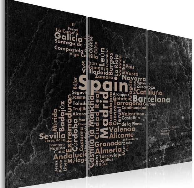 Stretched Canvas World Map Art - Text Map Of Spain On The Blackboard - Triptych-Tiptophomedecor