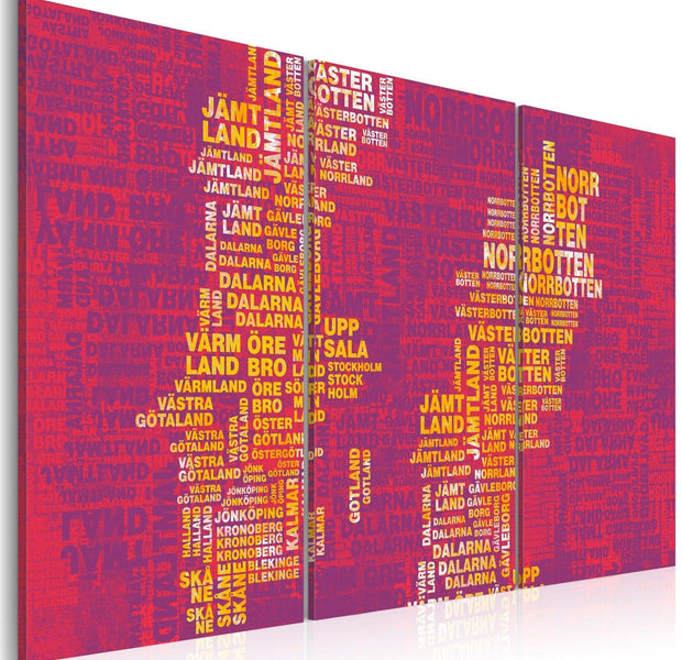 Stretched Canvas World Map Art - Text Map Of Sweden (Pink Background) - Triptych-Tiptophomedecor