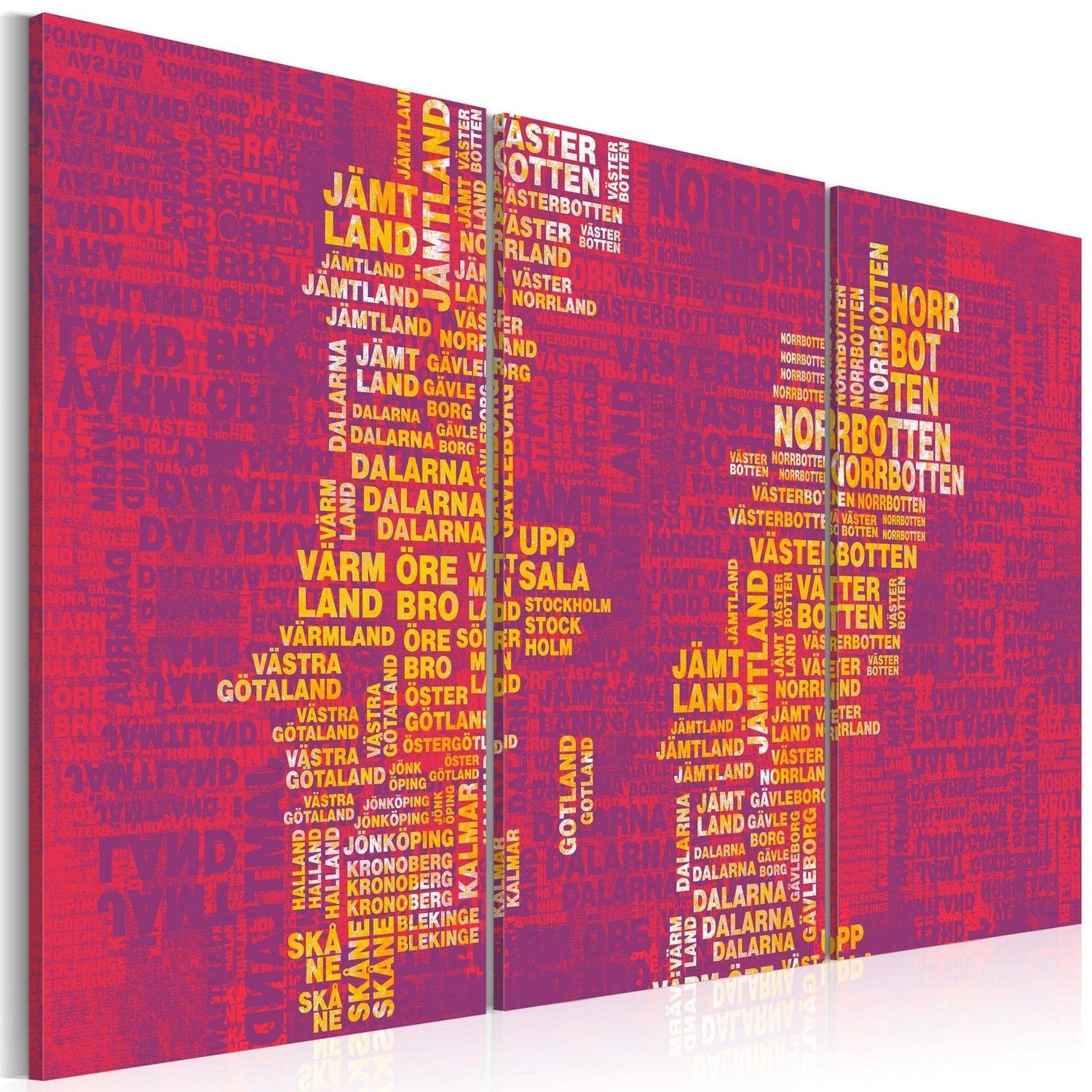 Stretched Canvas World Map Art - Text Map Of Sweden (Pink Background) - Triptych-Tiptophomedecor