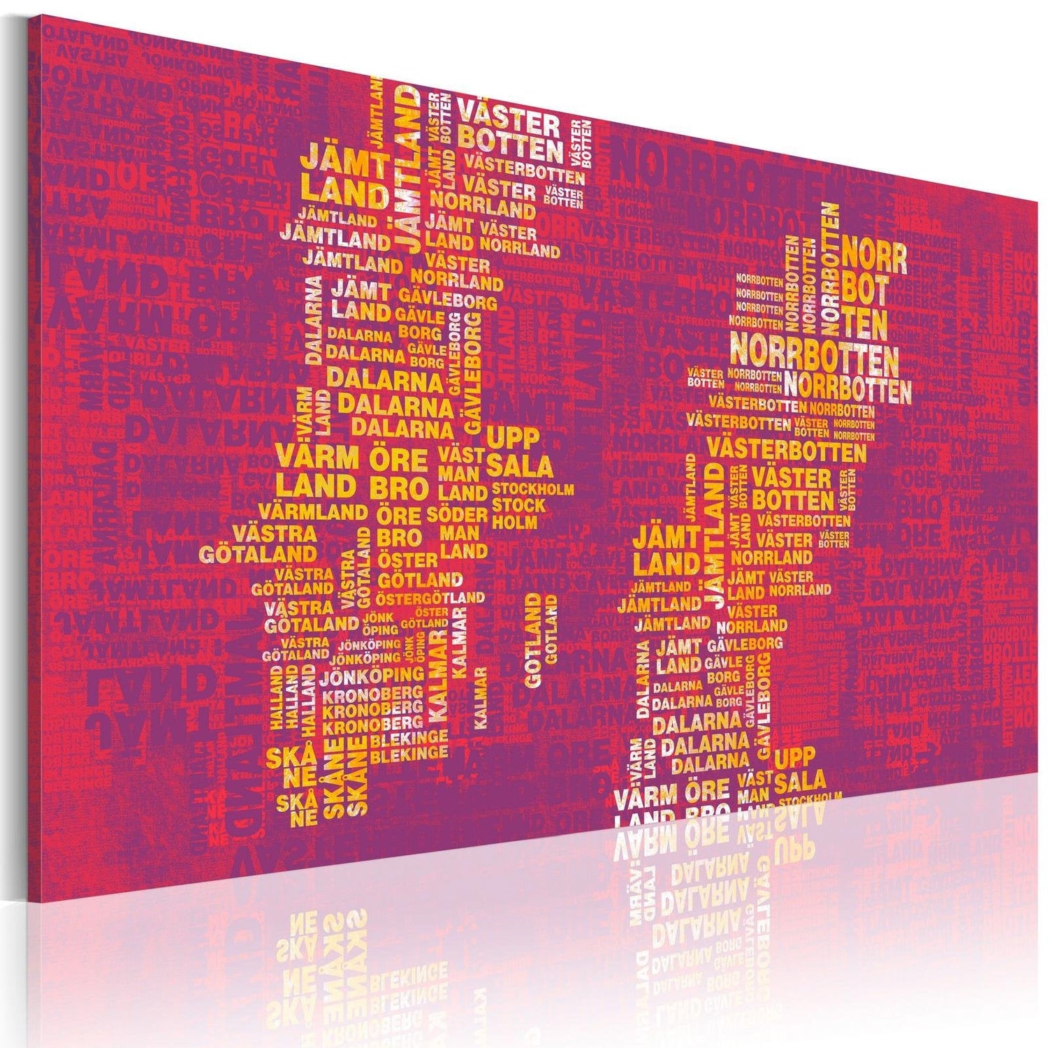 Stretched Canvas World Map Art - Text Map Of Sweden (Pink Background)-Tiptophomedecor