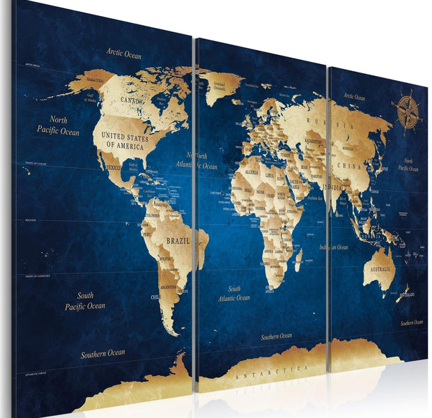 Stretched Canvas World Map Art - The Dark Blue Depths-Tiptophomedecor