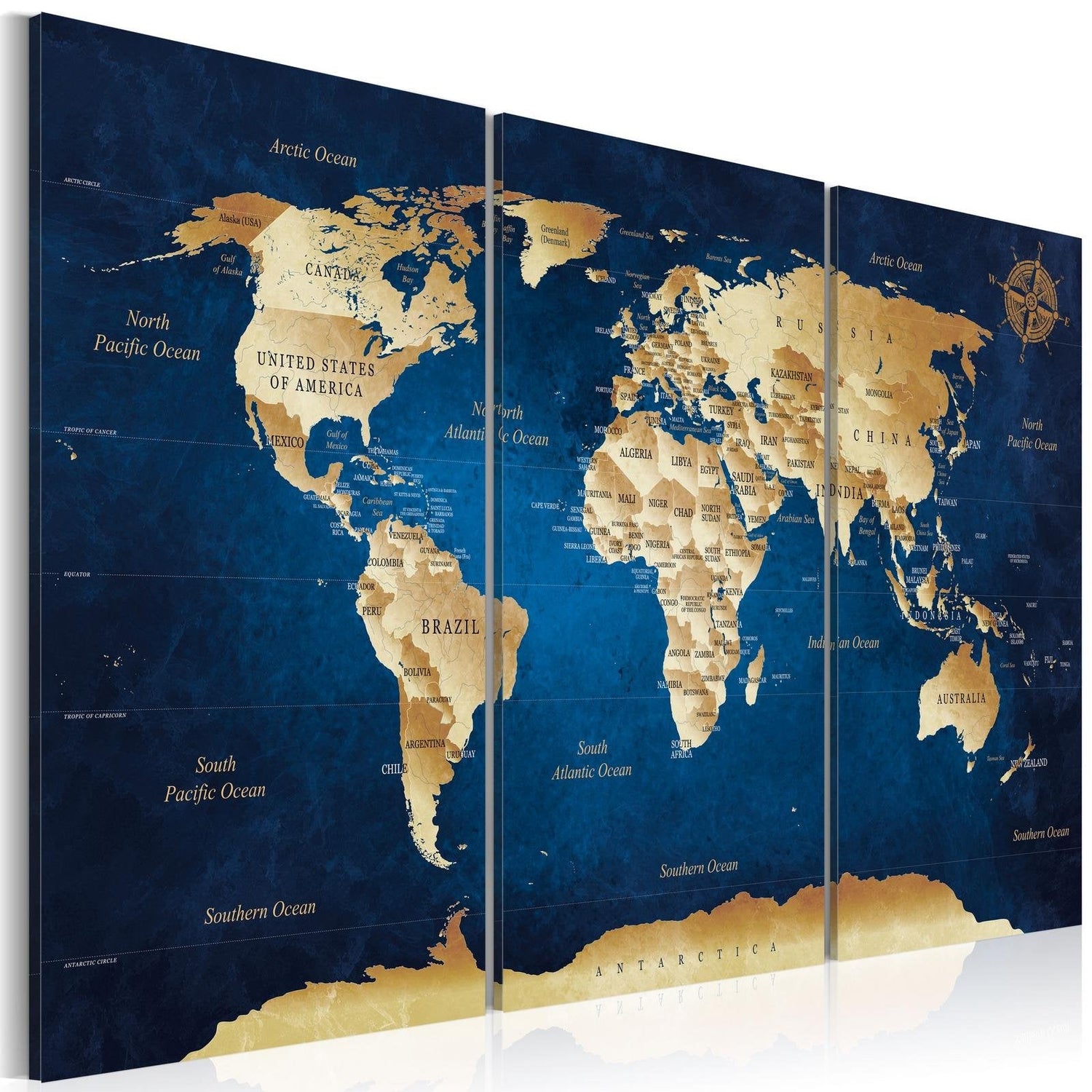 Stretched Canvas World Map Art - The Dark Blue Depths-Tiptophomedecor