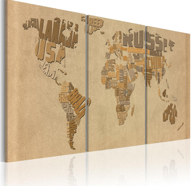 Stretched Canvas World Map Art - The World Map In Beige And Brown-Tiptophomedecor