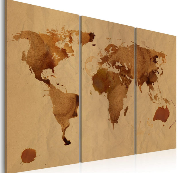 Stretched Canvas World Map Art - The World Painted With Coffee - Triptych-Tiptophomedecor