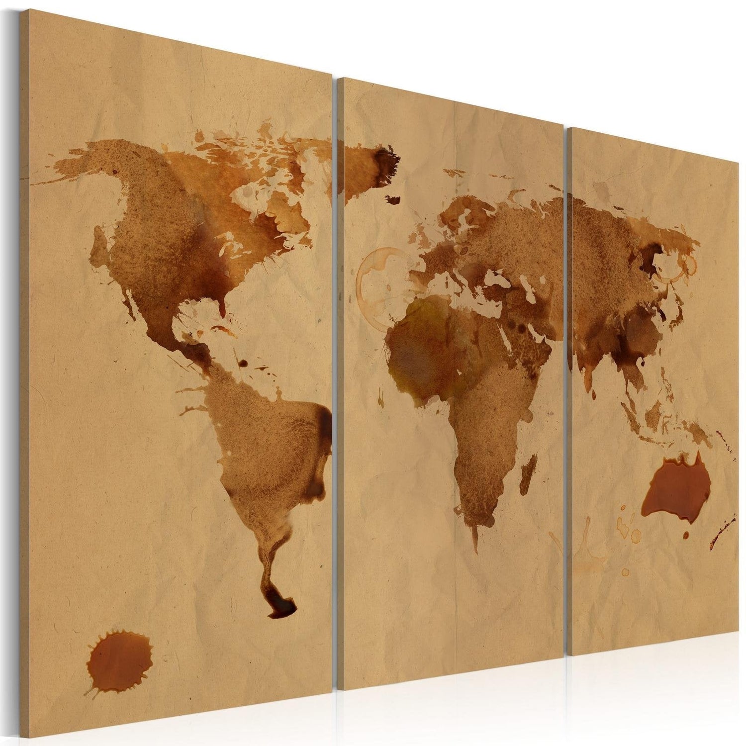 Stretched Canvas World Map Art - The World Painted With Coffee - Triptych-Tiptophomedecor
