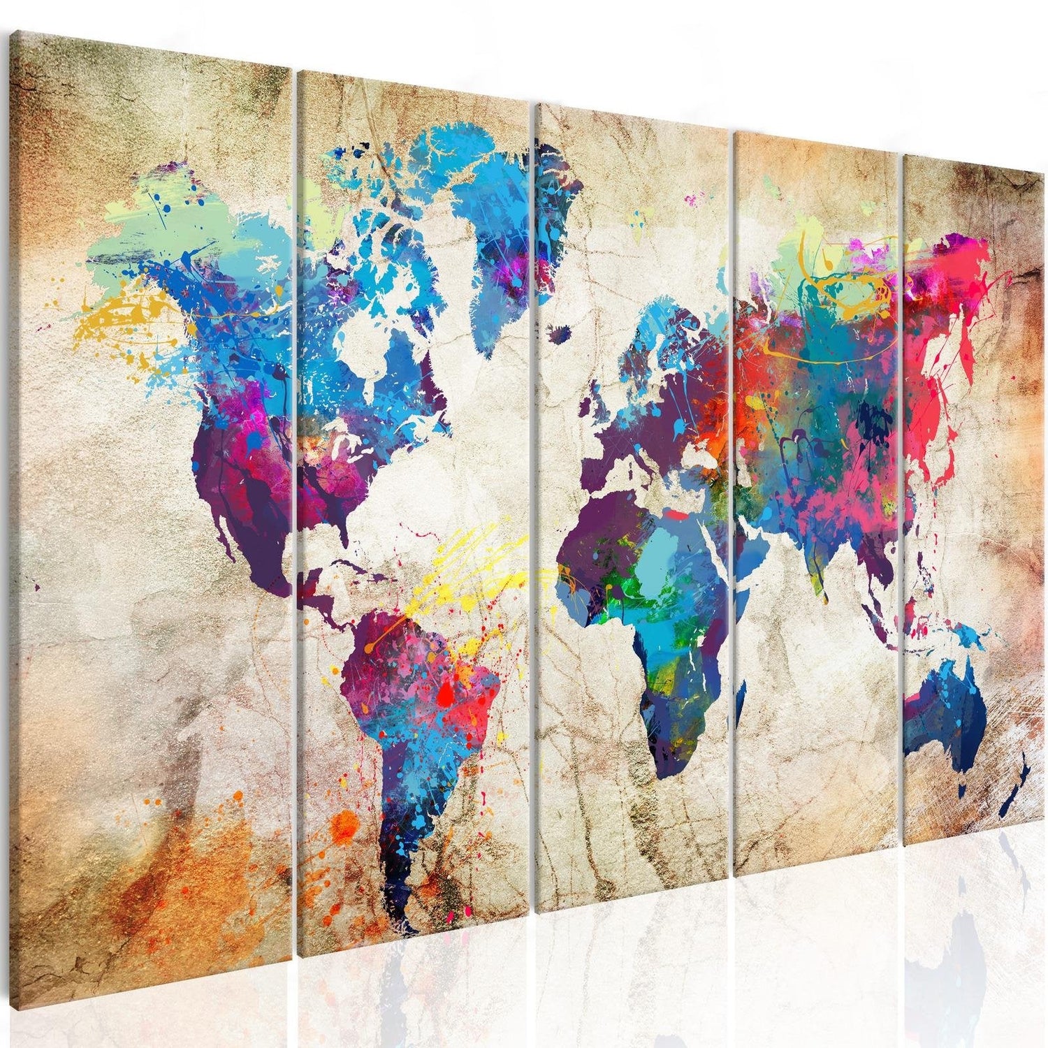 Stretched Canvas World Map Art - World Map: Colourful Ink Blots-Tiptophomedecor
