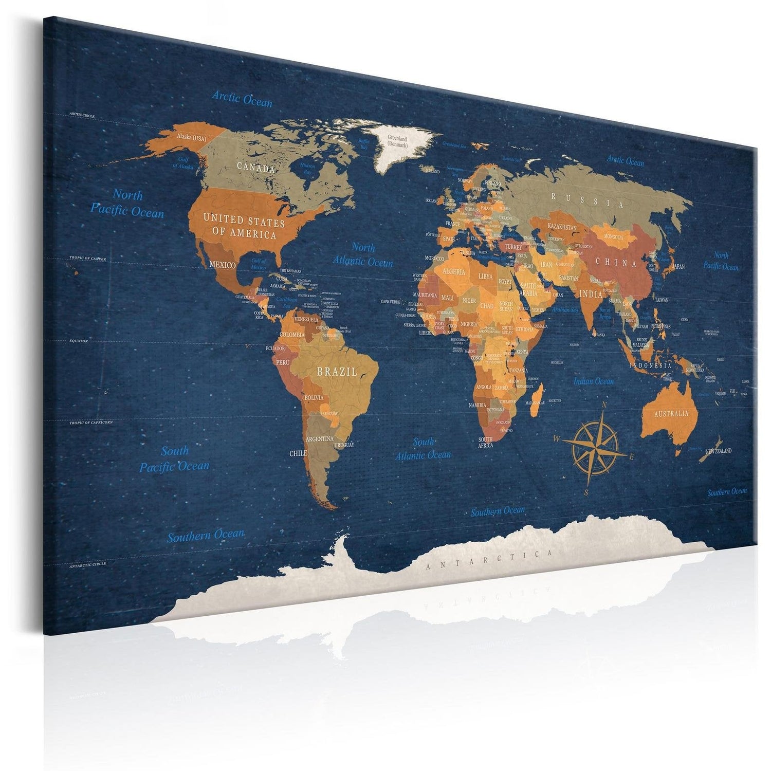 Stretched Canvas World Map Art - World Map: Ink Oceans-Tiptophomedecor