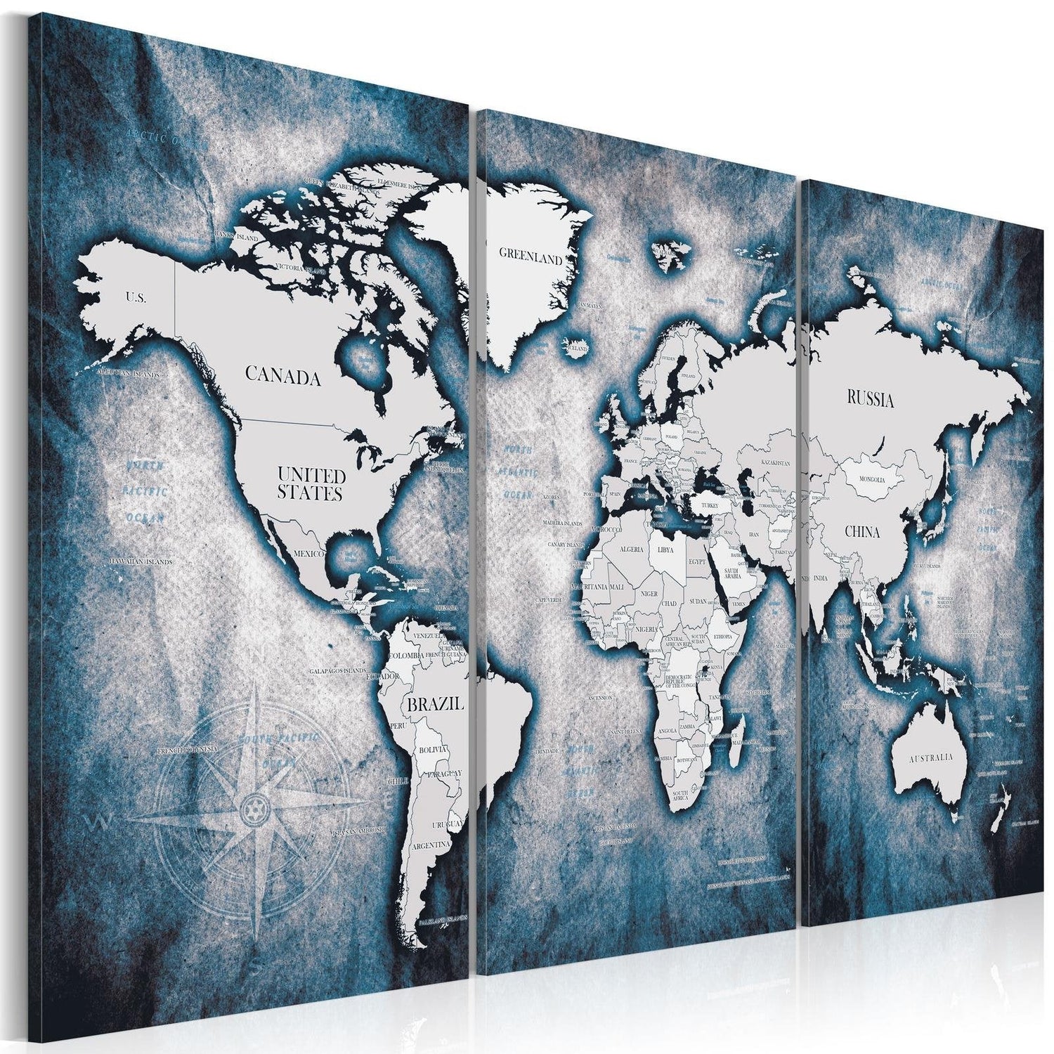 Stretched Canvas World Map Art - World Map: Ink Triptych-Tiptophomedecor