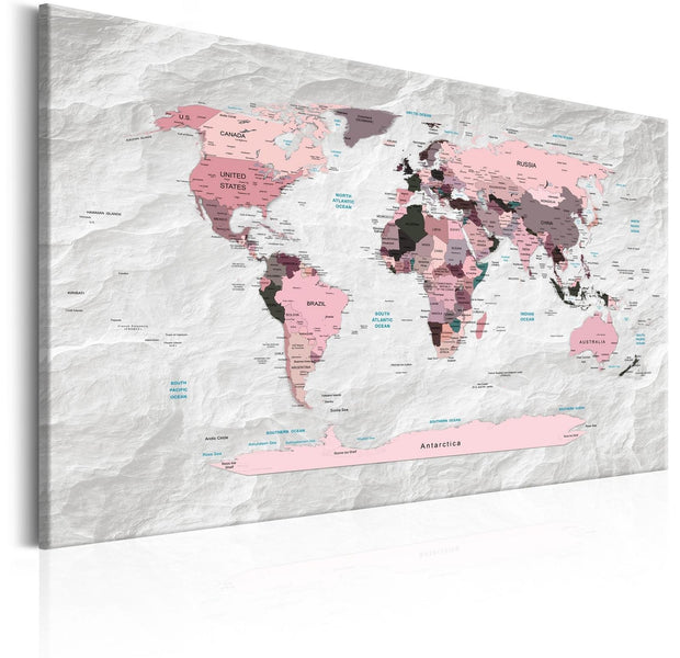 Stretched Canvas World Map Art - World Map: Pink Continents-Tiptophomedecor