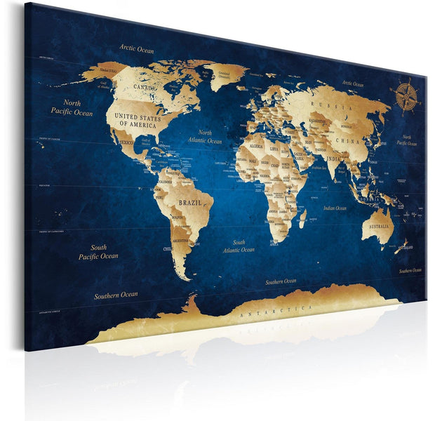 Stretched Canvas World Map Art - World Map: The Dark Blue Depths-Tiptophomedecor