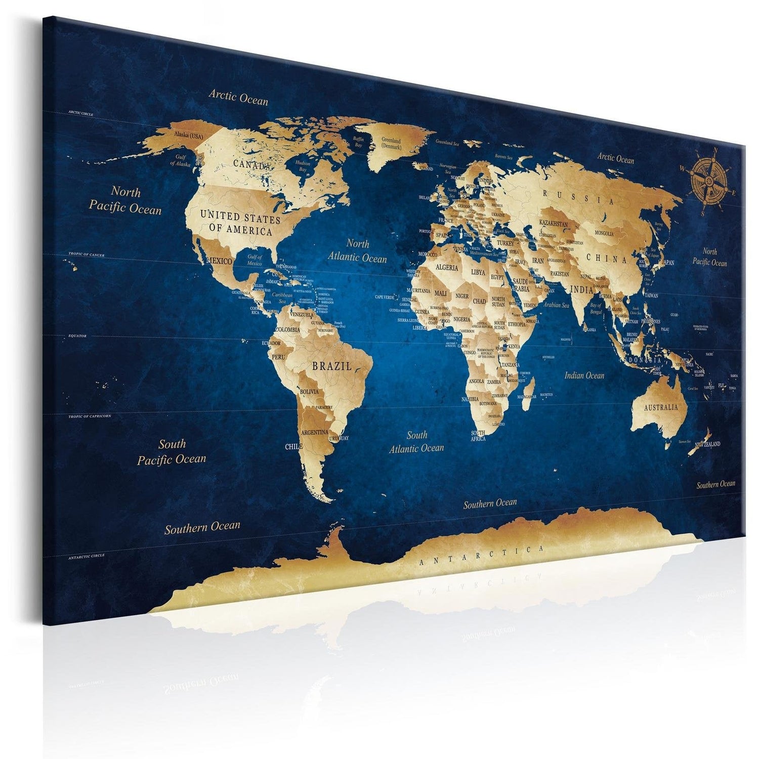 Stretched Canvas World Map Art - World Map: The Dark Blue Depths-Tiptophomedecor