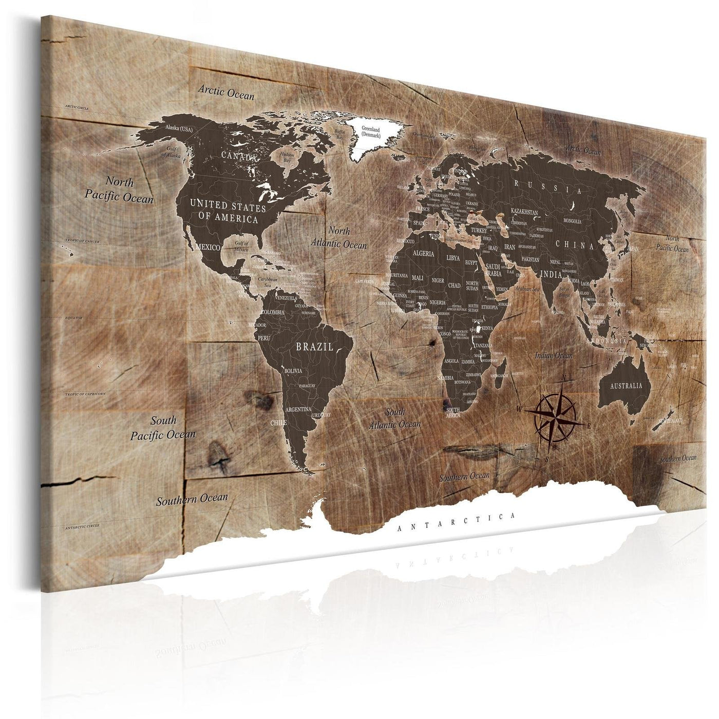 Stretched Canvas World Map Art - World Map: Wooden Mosaic-Tiptophomedecor