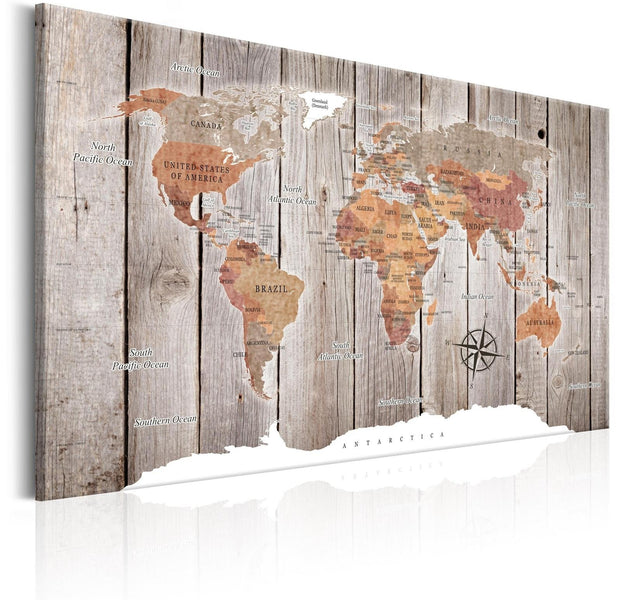 Stretched Canvas World Map Art - World Map: Wooden Stories-Tiptophomedecor
