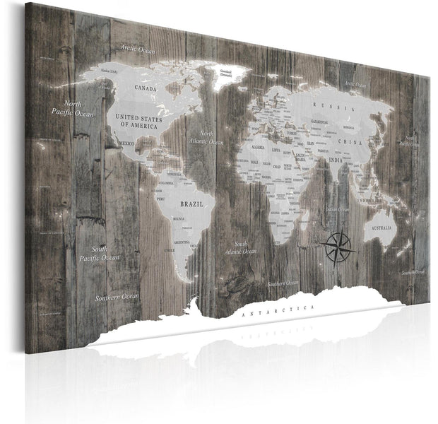 Stretched Canvas World Map Art - World Map: Wooden World-Tiptophomedecor