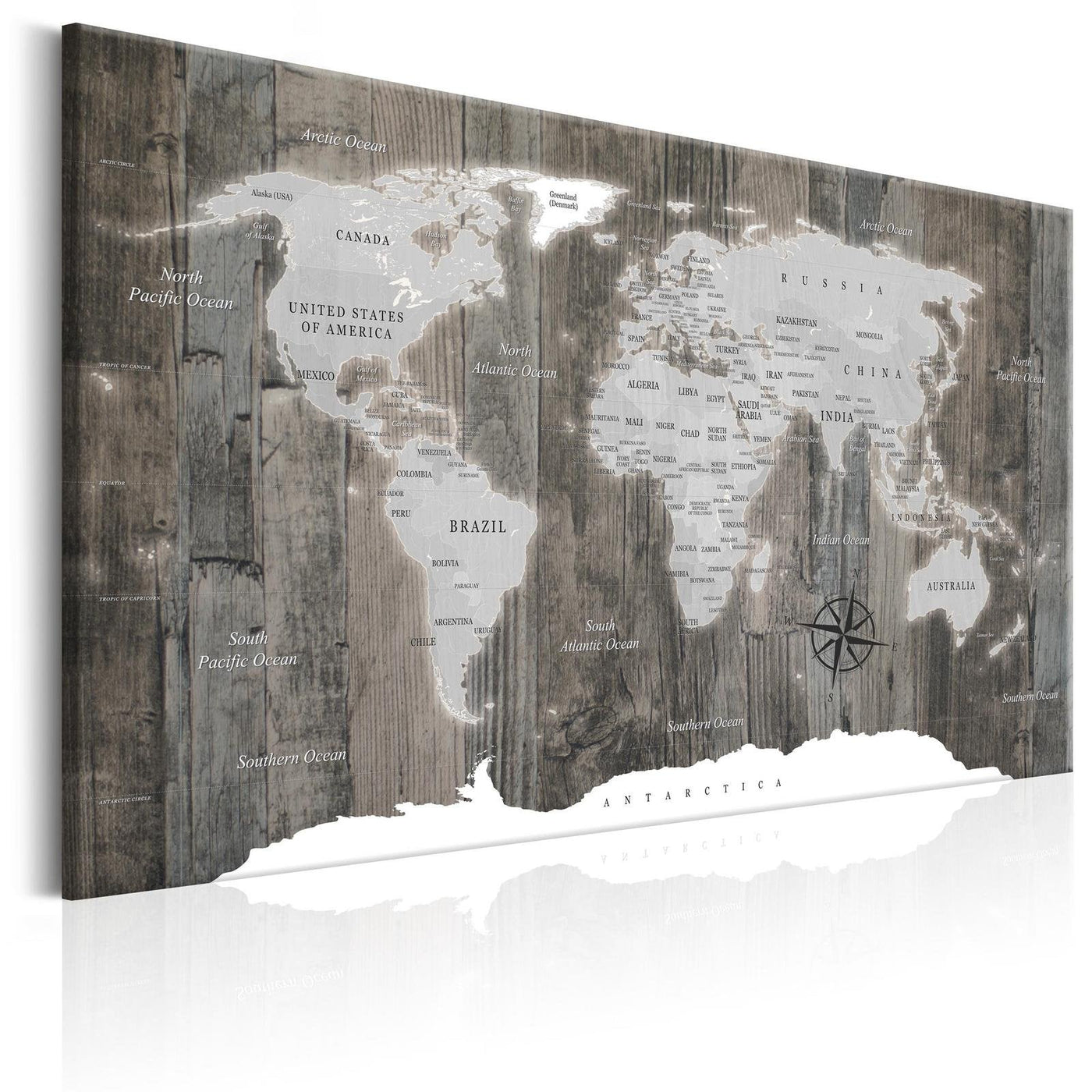 Stretched Canvas World Map Art - World Map: Wooden World-Tiptophomedecor