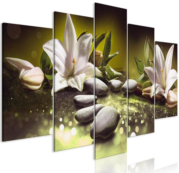 Stretched Canvas Zen Art - Lilies And Stones Green 5 Piece-Tiptophomedecor