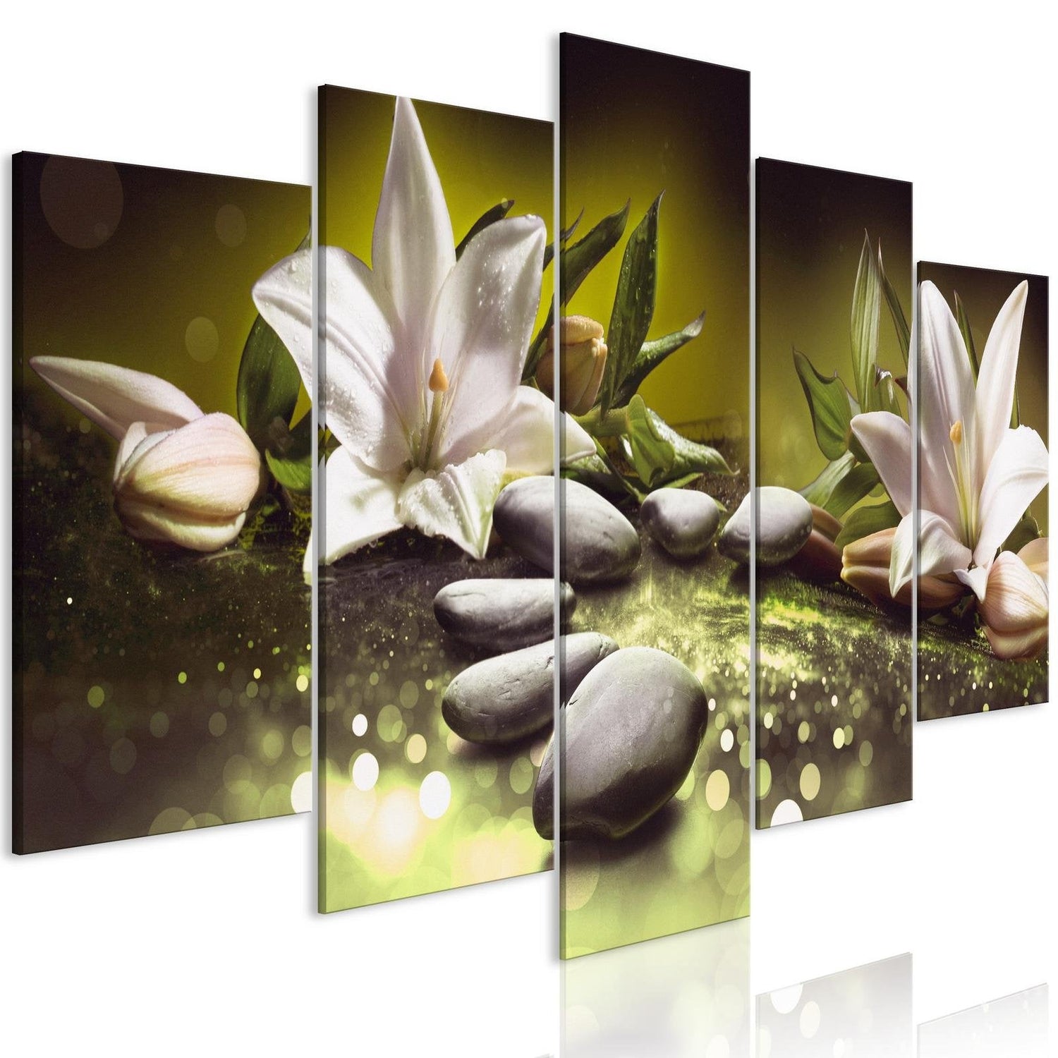 Stretched Canvas Zen Art - Lilies And Stones Green 5 Piece-Tiptophomedecor