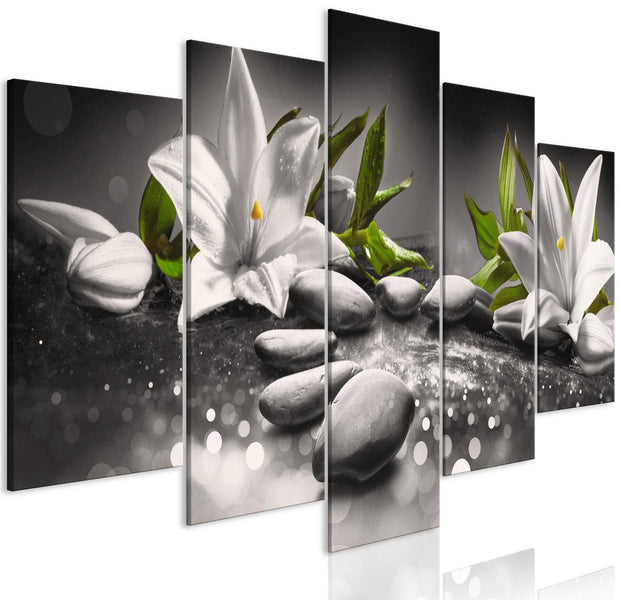 Stretched Canvas Zen Art - Lilies And Stones Grey 5 Piece-Tiptophomedecor