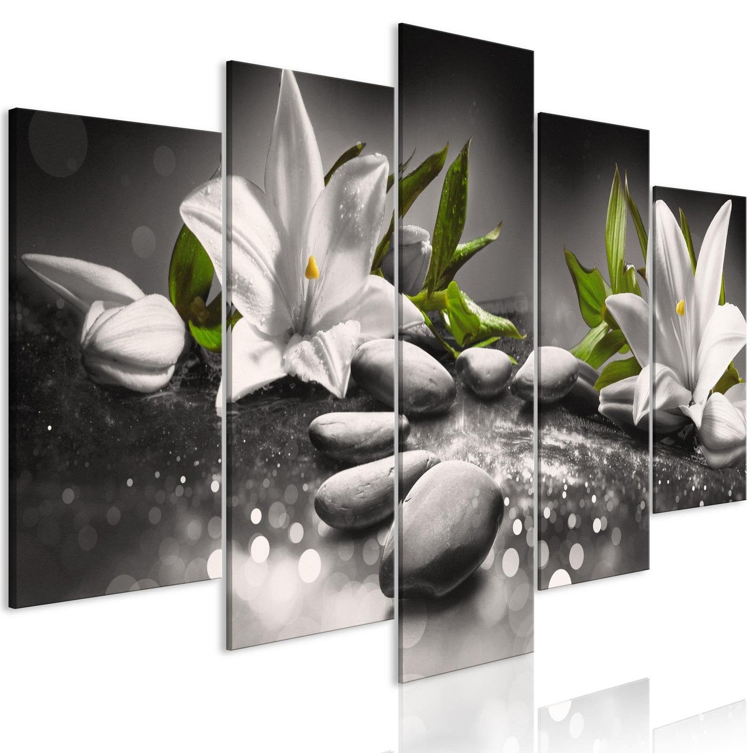 Stretched Canvas Zen Art - Lilies And Stones Grey 5 Piece-Tiptophomedecor