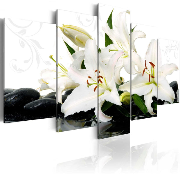 Stretched Canvas Zen Art - Lilies And Zen Stones 5 Piece-Tiptophomedecor